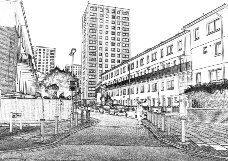 Line drawing of flats in Lewisham Deptford