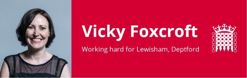 Photo of Vicky accompanied by red banner with white text which reads "Vicky Foxcroft - working hard for Lewisham Deptford" and a white portcullis