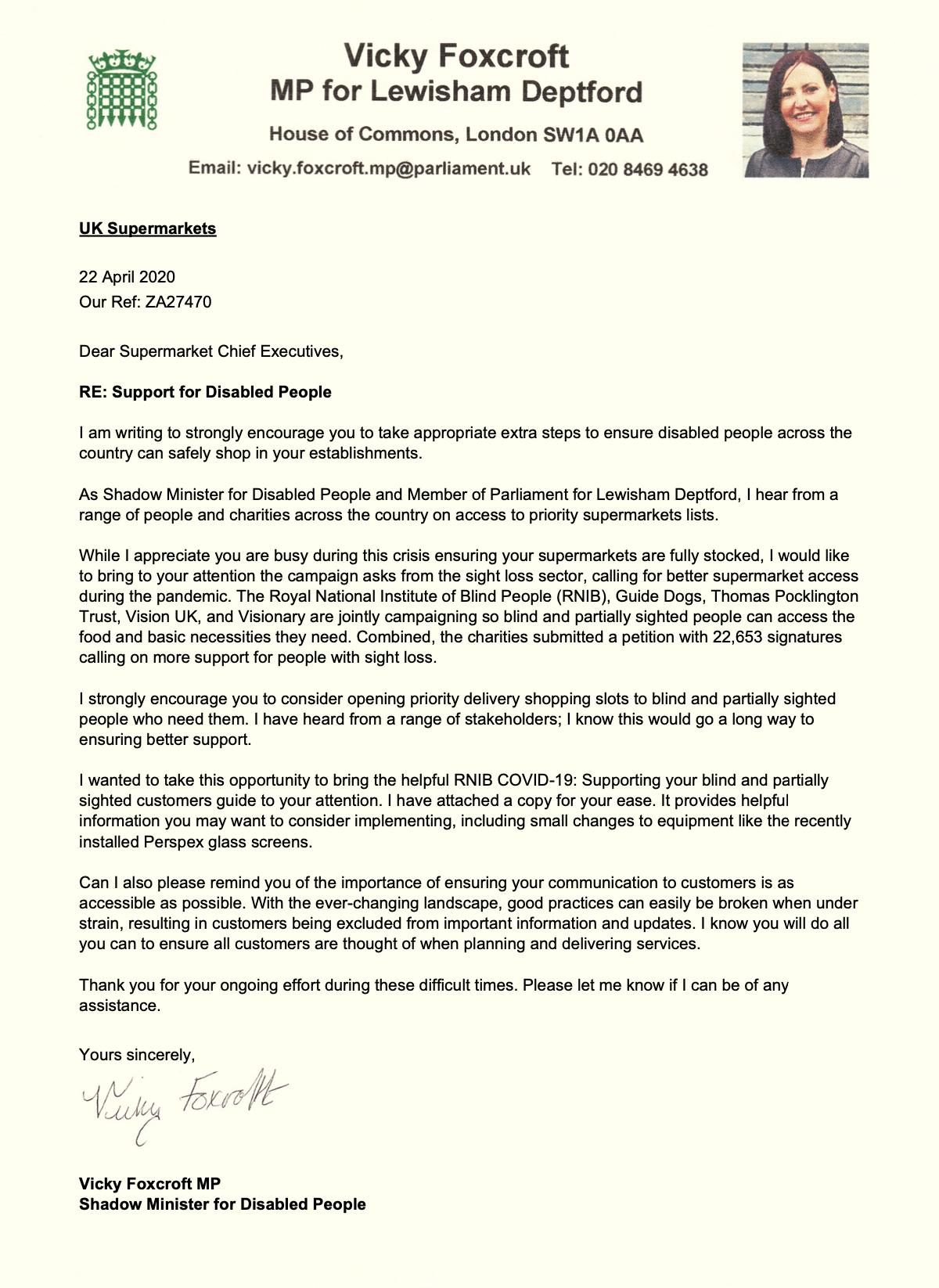 Image of Vicky Foxcroft’s letter to supermarkets, full text in article