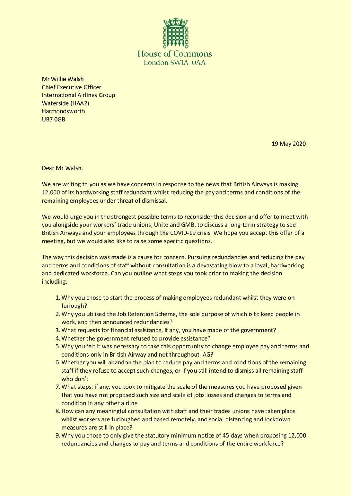 Letter to IAG CEO, page 1