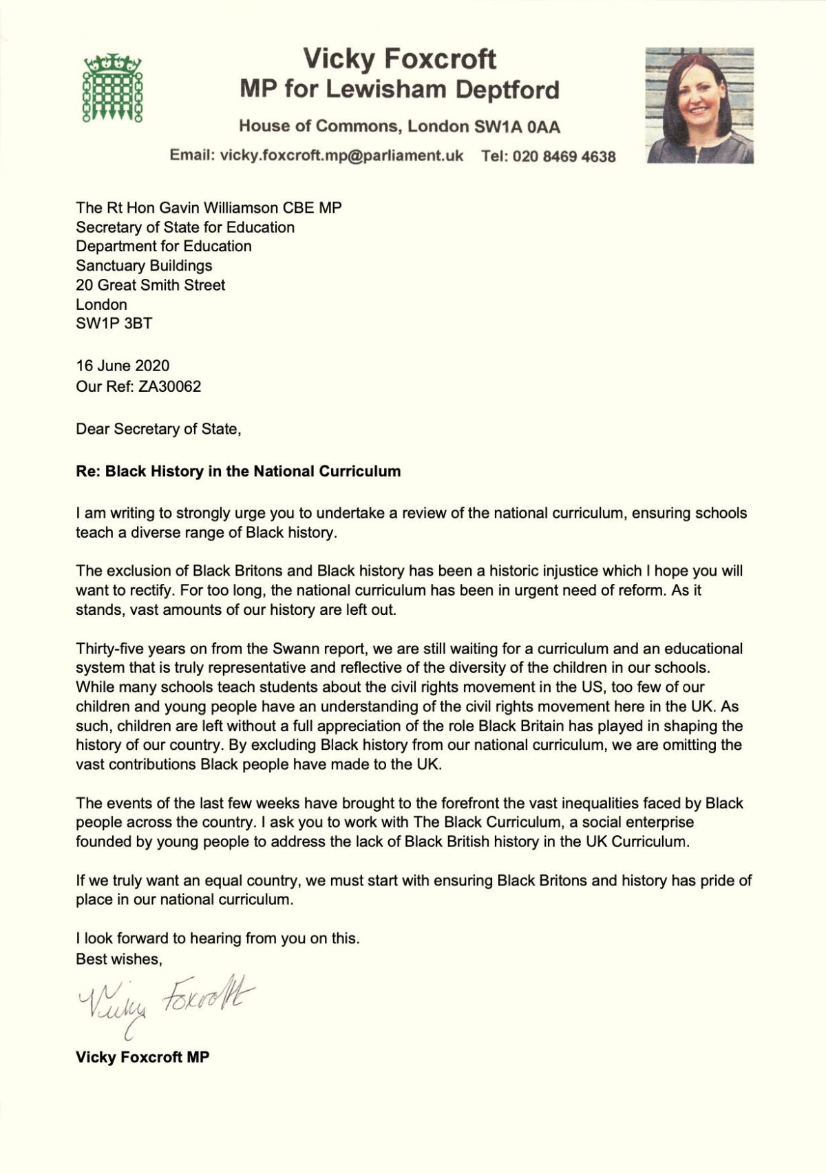 Letter from Vicky to Education Secretary