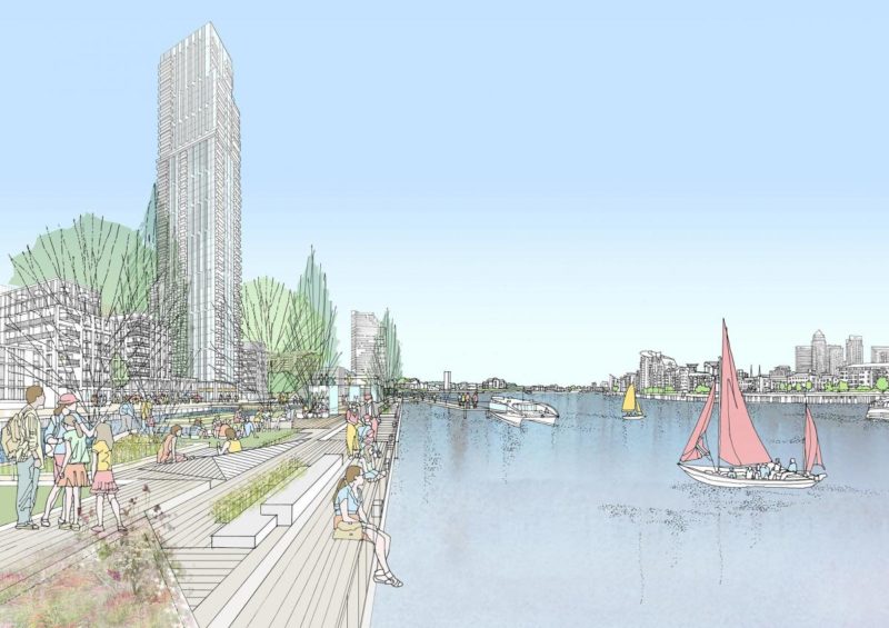 Architectural illustration of the public enjoying the waterfront of the Convoys Wharf development and boats on the Thames.
