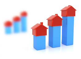 Three red houses on blue foundations with white background Three red houses on blue foundations with white background