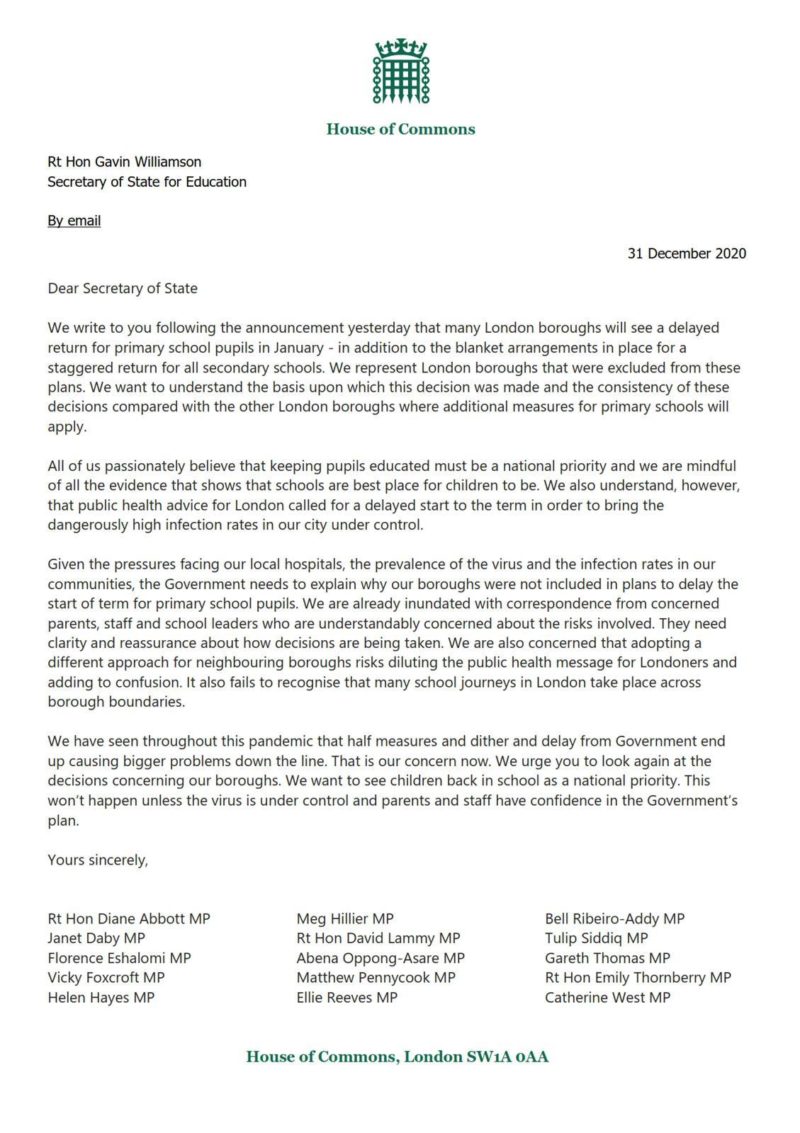 Screenshot of letter to Gavin Williamson (full plain text above)