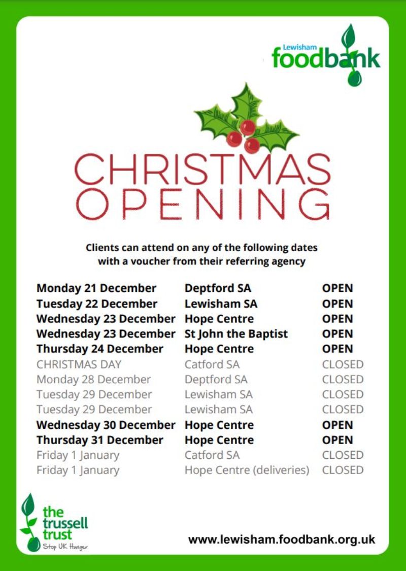 Lewisham Foodbank opening times poster.