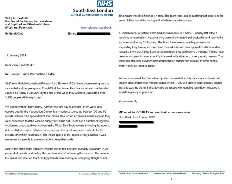 Copy of the letter to Vicky from South East London Clinical Commissioning Group.