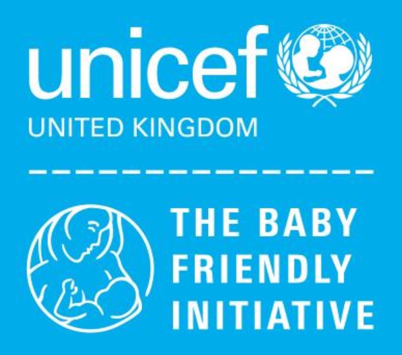 Unicef United Kingdom Baby Friendly Initiative logo. White text on blue background with line drawing of mother breastfeeding a baby.