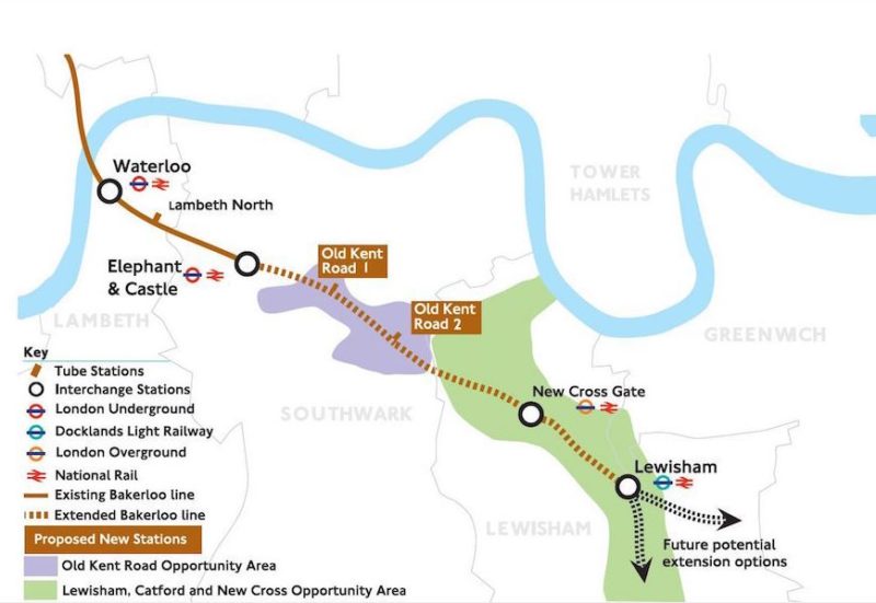 Map of proposed Bakerloo line extension to Lewisham