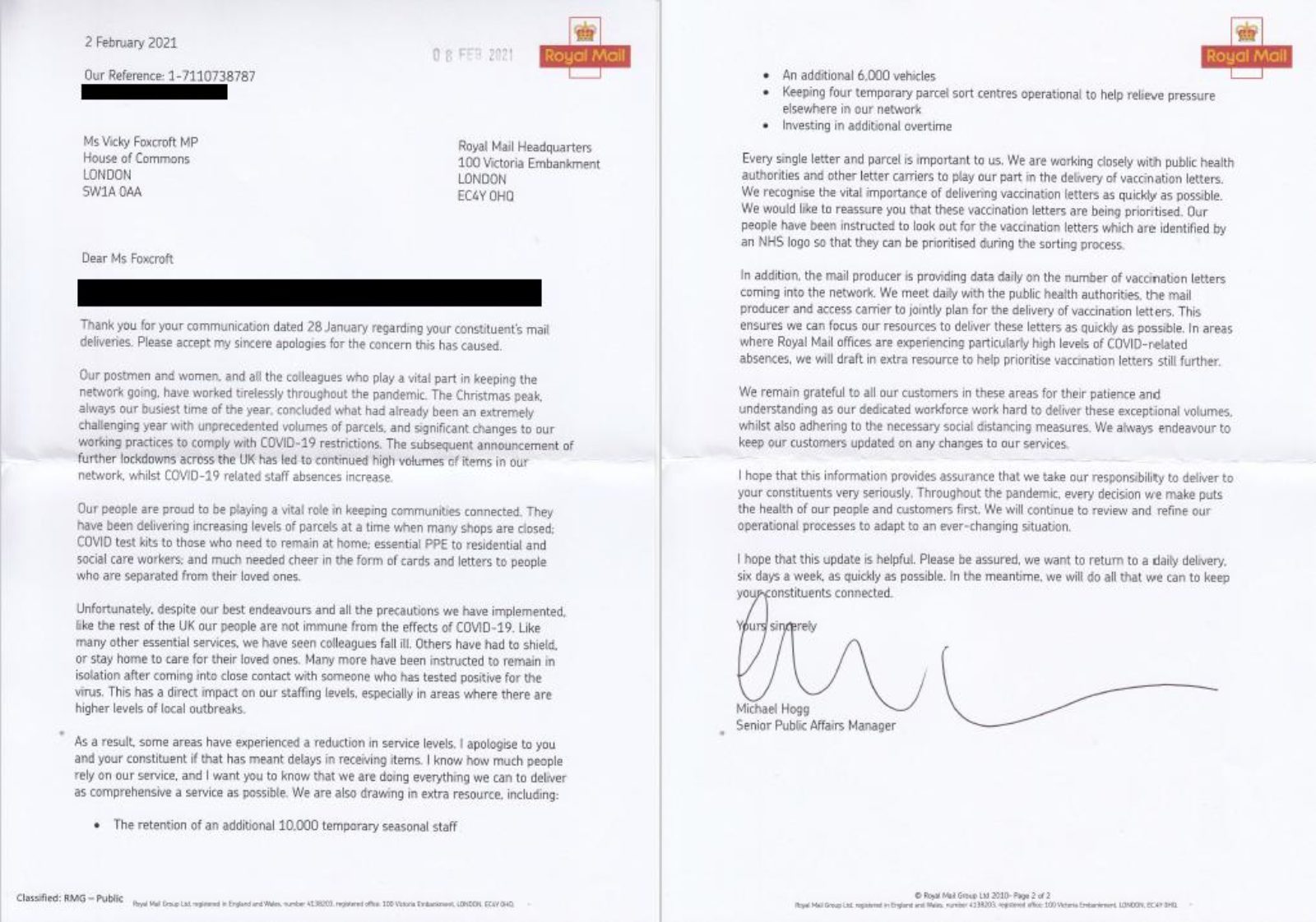 Letter from Royal Mail regarding postal services in Lewisham Deptford.