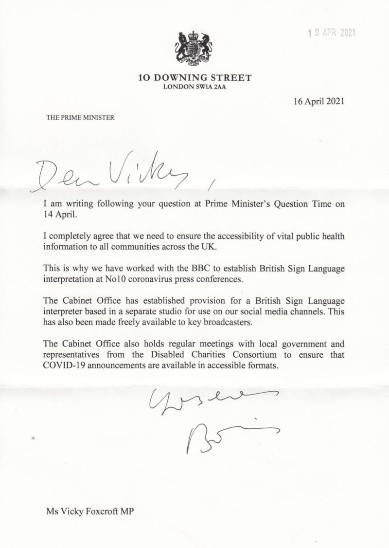 Letter from the Prime Minister, on the BSL