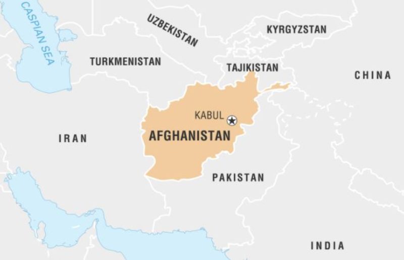 Map showing outline of Afghanistan and neighbouring countries and position of Kabul. Copyright Encyclopaedia Britannica.