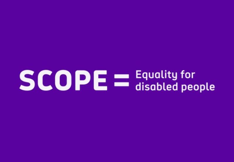 Scope logo. Purple background with white text reads: "Scope = equality for disabled people"