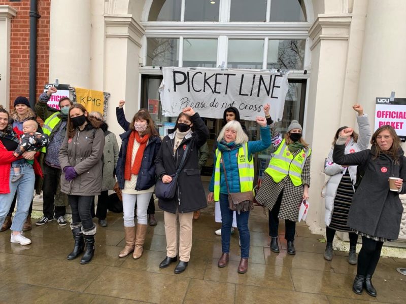 Photo of Vicky with striking UCU members and supporters outside Goldsmiths