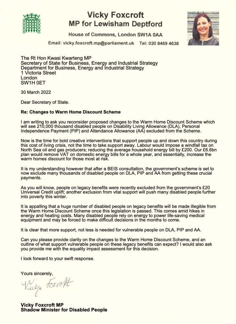 Picture of the letter to the BEIS Secretary 