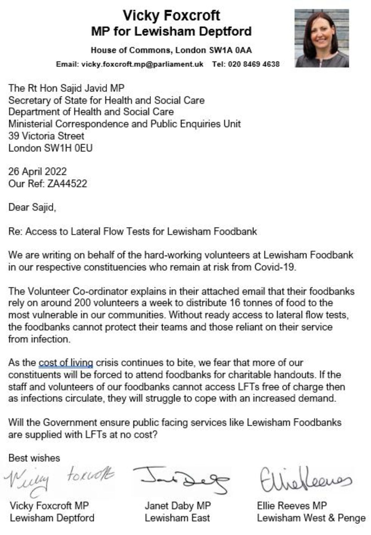 Copy of the letter signed by three Lewisham MPs sent to Health Secretary Sajid Javid, dated 26 April 2022.