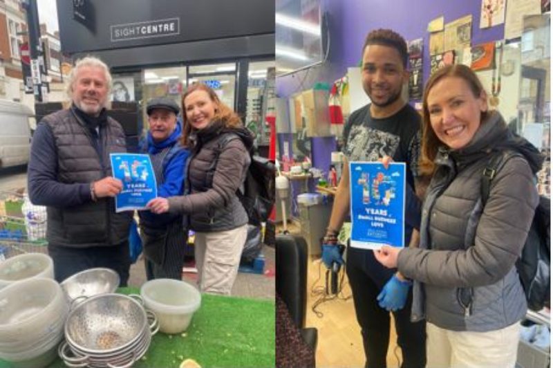 Left: Vicky pictured with market stall holders on Deptford High Street. Right: Vicky pictured in New Dimension Barbers on Deptford High Street