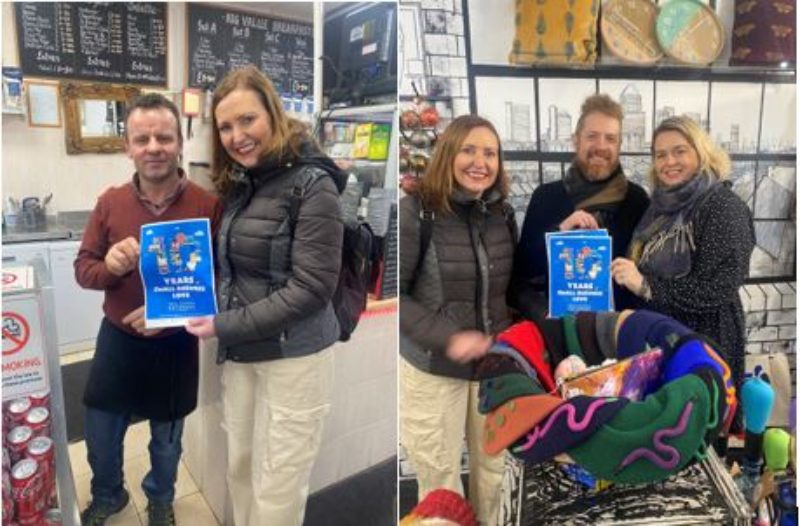 Left: Vicky meeting the owner of Cafe Bianca on Deptford High Street. Right: Vicky meeting the owners of Deptford Does Art.