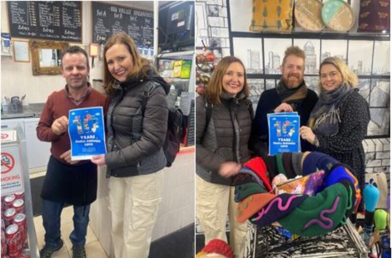 Left: Vicky meeting the owner of Cafe Bianca on Deptford High Street. Right: Vicky meeting the owners of Deptford Does Art.