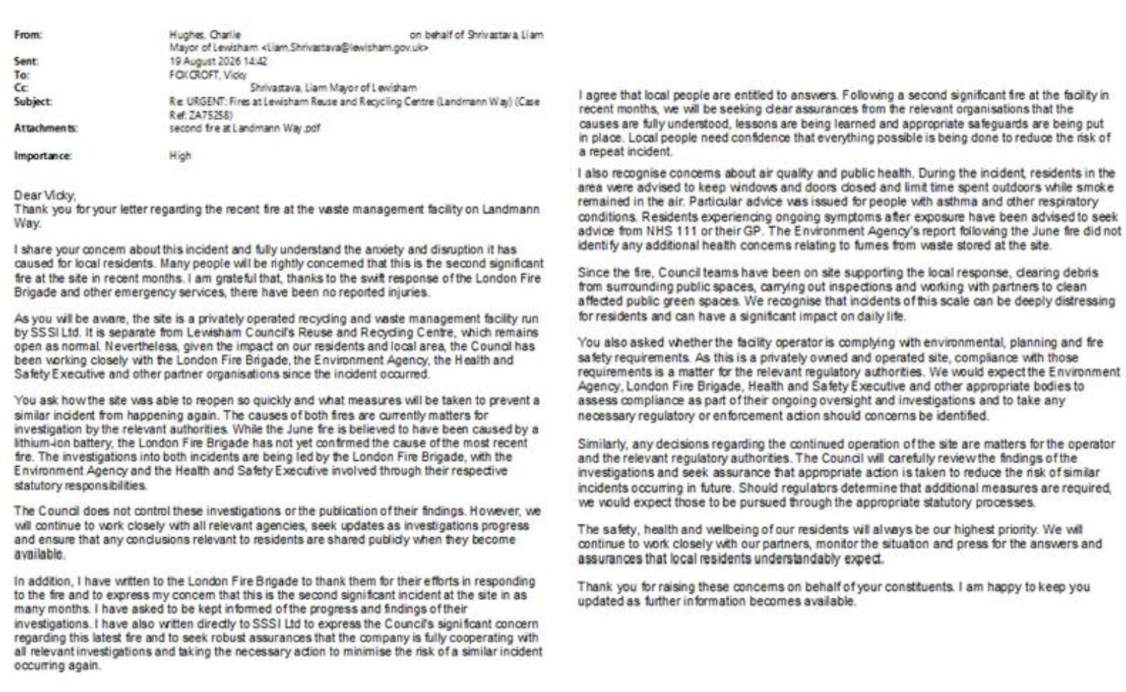 A copy of the email from the Mayor of Lewisham
